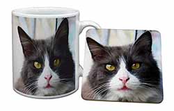 Pretty Black and White Cat Mug and Coaster Set