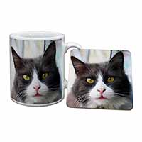 Pretty Black and White Cat Mug and Coaster Set