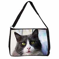 Pretty Black and White Cat Large Black Laptop Shoulder Bag School/College