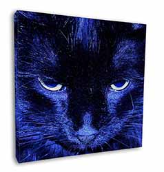 Black Cat Face in Blue Light Square Canvas 12"x12" Wall Art Picture Print