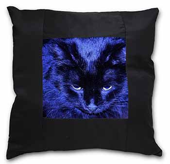 Black Cat Face in Blue Light Black Satin Feel Scatter Cushion