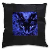 Black Cat Face in Blue Light Black Satin Feel Scatter Cushion
