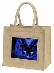 Black Cat Face in Blue Light Natural/Beige Jute Large Shopping Bag