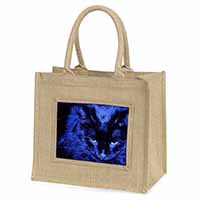 Black Cat Face in Blue Light Large Natural Jute Shopping Bag