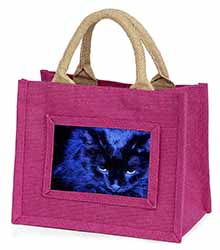 Black Cat Face in Blue Light Little Girls Small Pink Jute Shopping Bag
