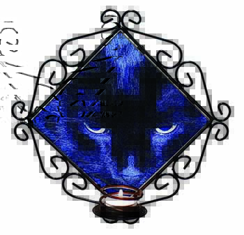 Black Cat Face in Blue Light Wrought Iron Wall Art Candle Holder