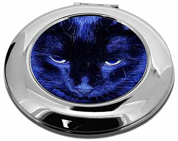 Black Cat Face in Blue Light Make-Up Round Compact Mirror