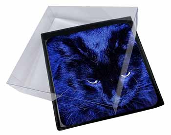 4x Black Cat Face in Blue Light Picture Table Coasters Set in Gift Box