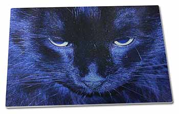 Large Glass Cutting Chopping Board Black Cat Face in Blue Light