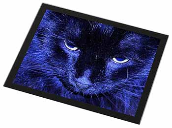 Black Cat Face in Blue Light Black Rim High Quality Glass Placemat