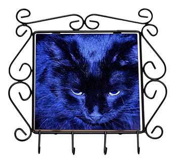 Black Cat Face in Blue Light Wrought Iron Key Holder Hooks