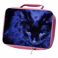 Black Cat Face in Blue Light Insulated Pink School Lunch Box/Picnic Bag