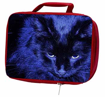 Black Cat Face in Blue Light Insulated Red School Lunch Box/Picnic Bag