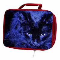 Black Cat Face in Blue Light Insulated Red School Lunch Box/Picnic Bag