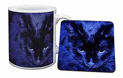 Black Cat Face in Blue Light Mug and Coaster Set