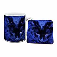 Black Cat Face in Blue Light Mug and Coaster Set