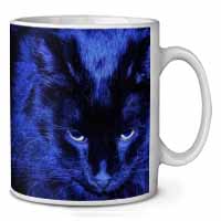 Black Cat Face in Blue Light Ceramic 10oz Coffee Mug/Tea Cup