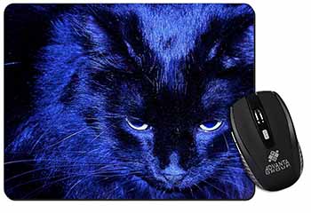 Black Cat Face in Blue Light Computer Mouse Mat  - Advanta Group®