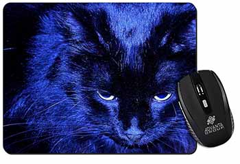 Black Cat Face in Blue Light Computer Mouse Mat