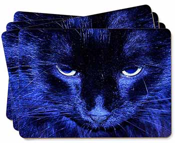 Black Cat Face in Blue Light Picture Placemats in Gift Box