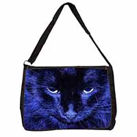 Black Cat Face in Blue Light Large Black Laptop Shoulder Bag School/College