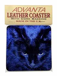 Black Cat Face in Blue Light Single Leather Photo Coaster, Printed Full Colour  