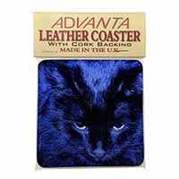 Black Cat Face in Blue Light Single Leather Photo Coaster