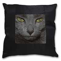 Grey Cats Face Close-Up Black Satin Feel Scatter Cushion