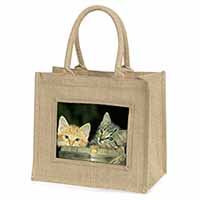 Kittens in Beer Barrel Natural/Beige Jute Large Shopping Bag
