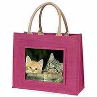 Kittens in Beer Barrel Large Pink Jute Shopping Bag