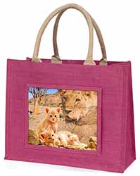 Fantasy Spirit Lion Watch on Ginger Kittens Large Pink Jute Shopping Bag