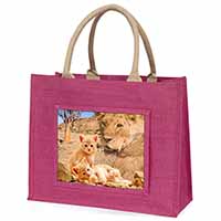 Fantasy Spirit Lion Watch on Ginger Kittens Large Pink Jute Shopping Bag