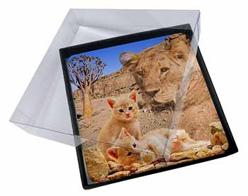 4x Fantasy Spirit Lion Watch on Ginger Kittens Picture Table Coasters Set in Gif