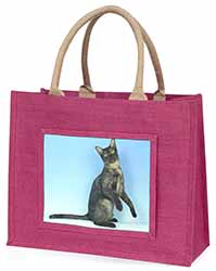 Pretty Asian Smoke Cat Large Pink Jute Shopping Bag