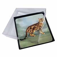 4x Bengal Gold Marble Cat Picture Table Coasters Set in Gift Box