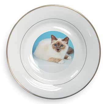 Pretty Birman Cat Gold Rim Plate Printed Full Colour in Gift Box