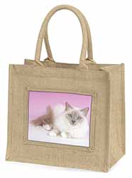 Lilac Birman Cat Natural/Beige Jute Large Shopping Bag