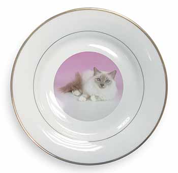 Lilac Birman Cat Gold Rim Plate Printed Full Colour in Gift Box