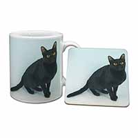 Black Bombay Cat Mug and Coaster Set