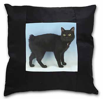 Cute Black Bobtail Cat Black Satin Feel Scatter Cushion