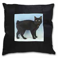 Cute Black Bobtail Cat Black Satin Feel Scatter Cushion