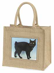Cute Black Bobtail Cat Natural/Beige Jute Large Shopping Bag