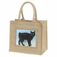 Cute Black Bobtail Cat Natural/Beige Jute Large Shopping Bag