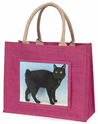 Cute Black Bobtail Cat Large Pink Jute Shopping Bag
