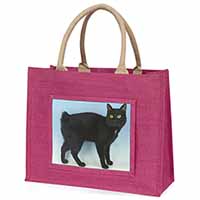 Cute Black Bobtail Cat Large Pink Jute Shopping Bag