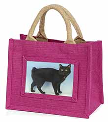 Cute Black Bobtail Cat Little Girls Small Pink Jute Shopping Bag