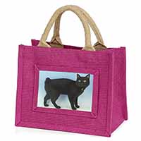 Cute Black Bobtail Cat Little Girls Small Pink Jute Shopping Bag