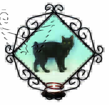 Cute Black Bobtail Cat Wrought Iron Wall Art Candle Holder