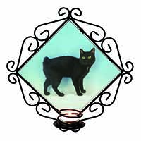 Cute Black Bobtail Cat Wrought Iron Wall Art Candle Holder