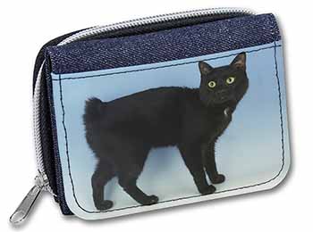 Cute Black Bobtail Cat Unisex Denim Purse Wallet